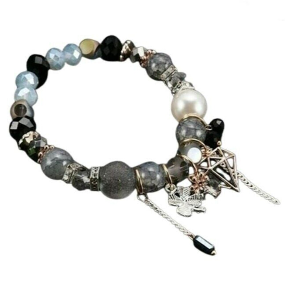 Black Gray White Bead Bracelet NEW with Rose Gold Charms Stretch